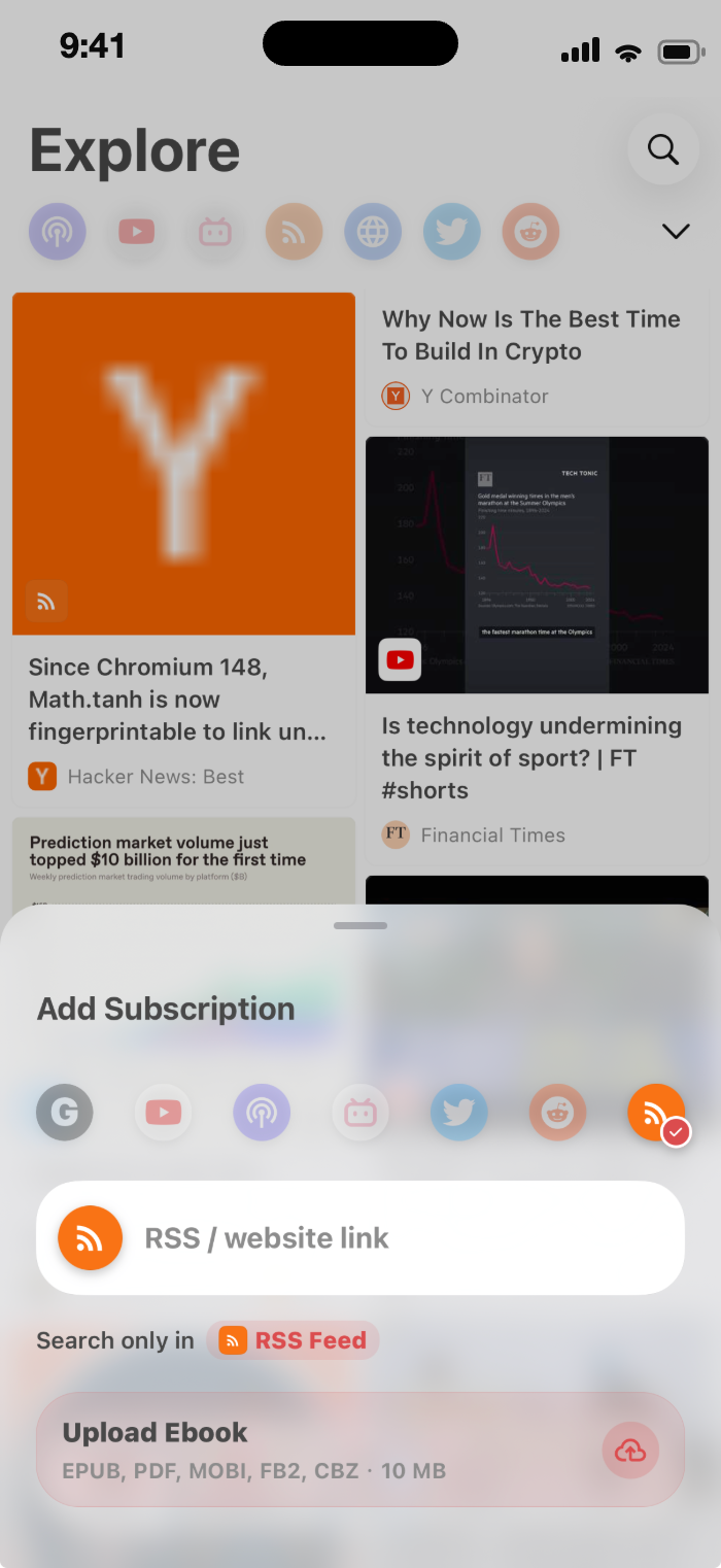 Add subscription sheet with a field for an RSS or website link