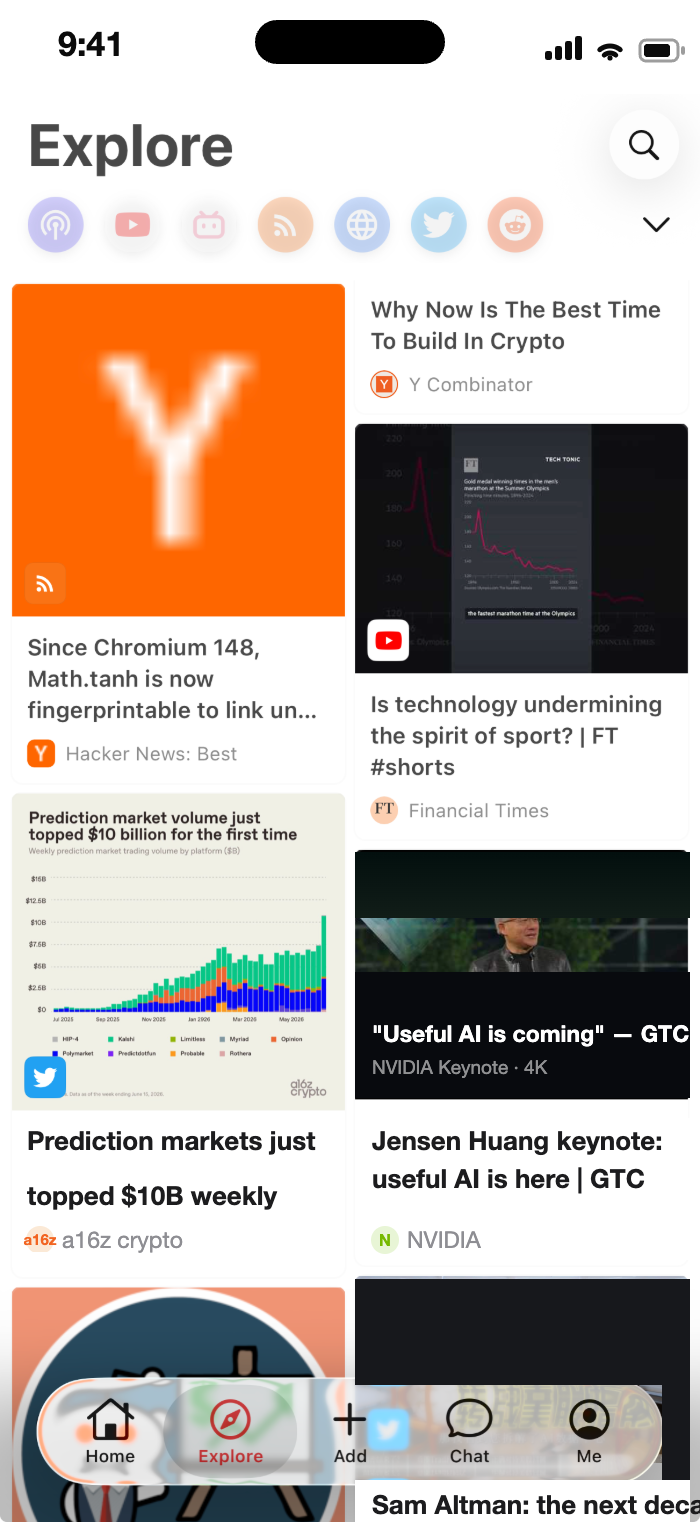 Explore tab showing a mixed feed of recommended videos and articles