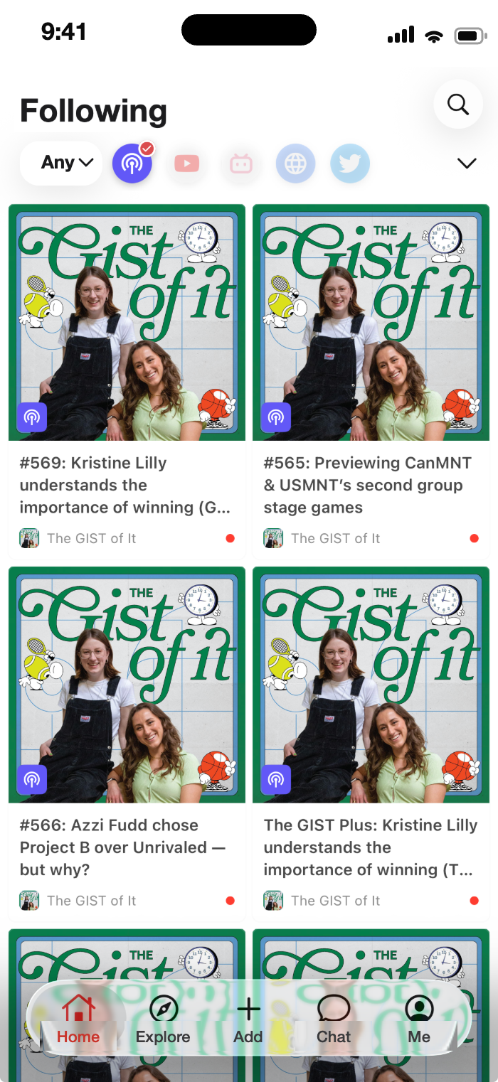 Following tab listing the newest episodes from subscribed sources