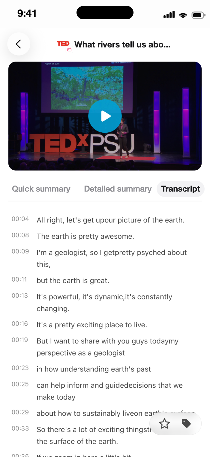 Transcript view of a talk with timestamps beside each line